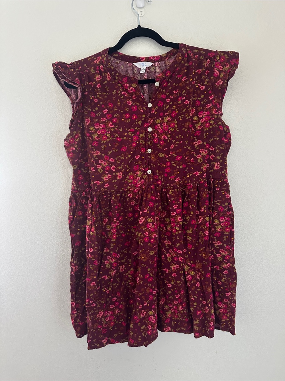 Time and Tru Burgundy Floral Button-Front Mini Dress